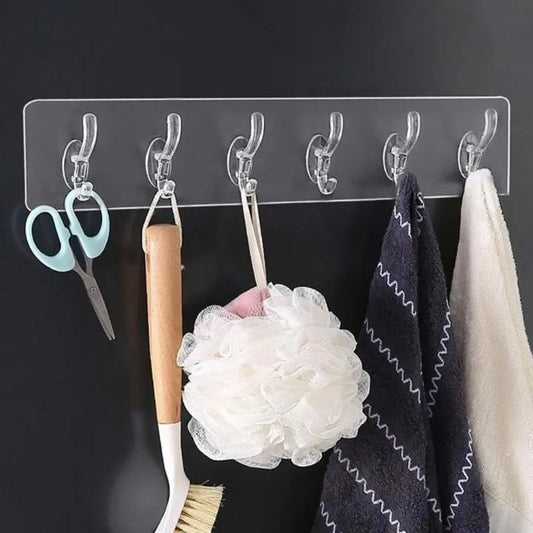 1  Pair Of 6 Hooks Transparent Self-Adhesive Door Wall Hangers for Kitchen Bathroom