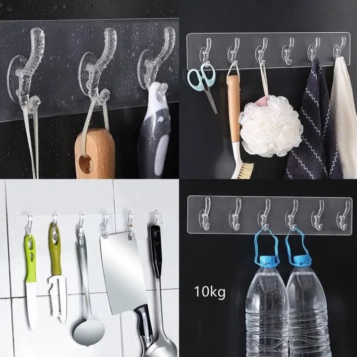 1  Pair Of 6 Hooks Transparent Self-Adhesive Door Wall Hangers for Kitchen Bathroom