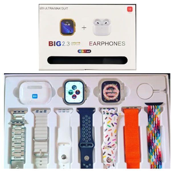 I20 Ultra Max With AirPods Bonus |10 in 1 Smartwatch Bundle 2.3 Inch Large Screen 10 Straps